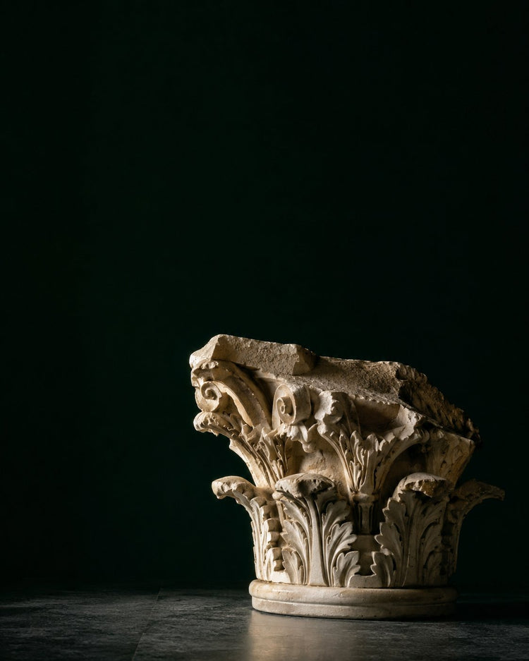 A weathered marble column capital against deep green shadow