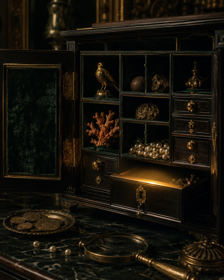 A collector's cabinet holding a gilded bird, coral and pearls