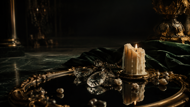 Crystal chandelier drops and pearls beside a burning candle
