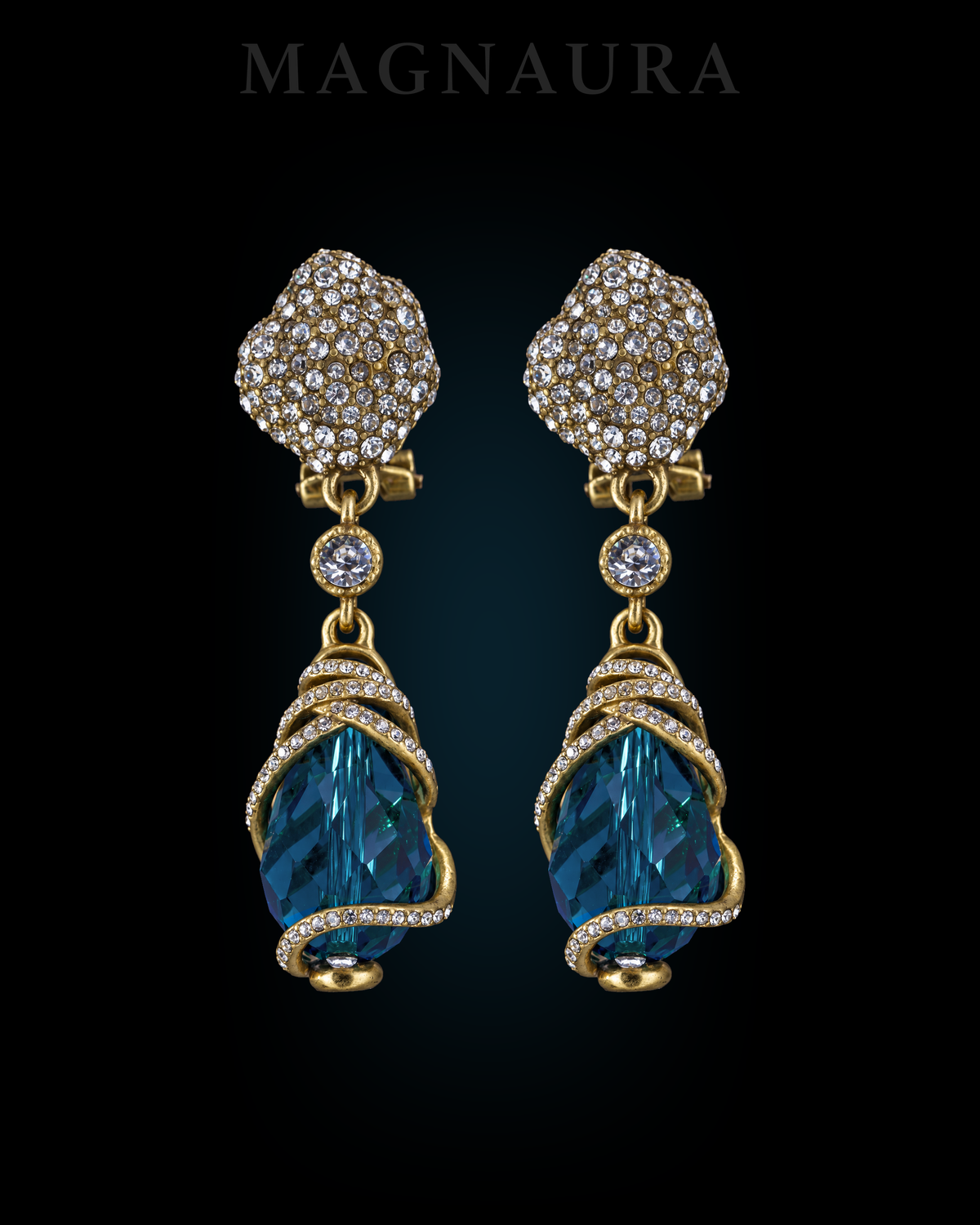 Pair of The Lagoon Spiral Drops with peacock-blue faceted drops and gold-tone spiral detailing.
