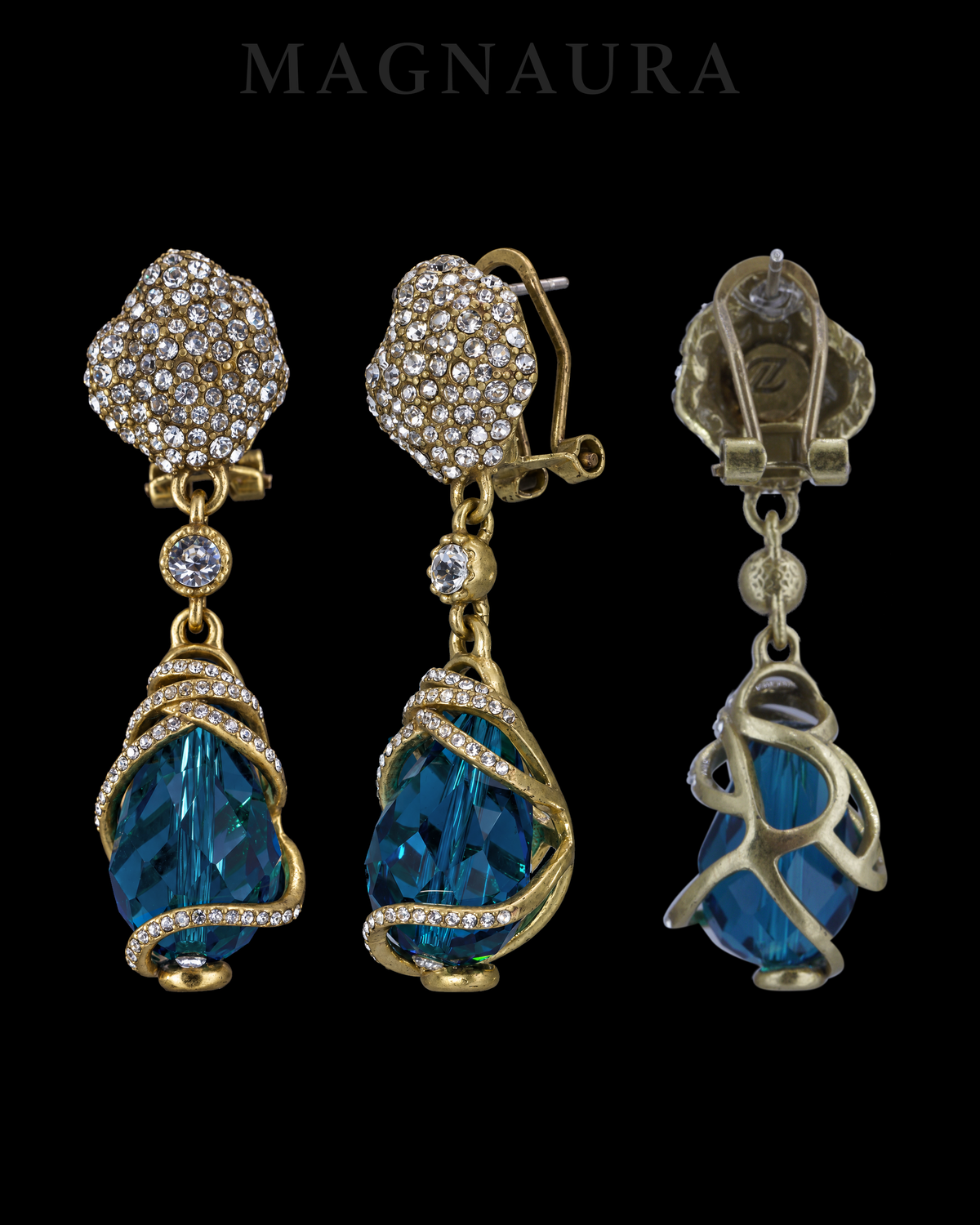 Front, side and back views of The Lagoon Spiral Drops, showing the pierced-ear posts and omega-back clips.