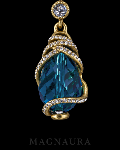 Close view of the peacock-blue faceted crystal glass and crystal pavé spiral on The Lagoon Spiral Drops.
