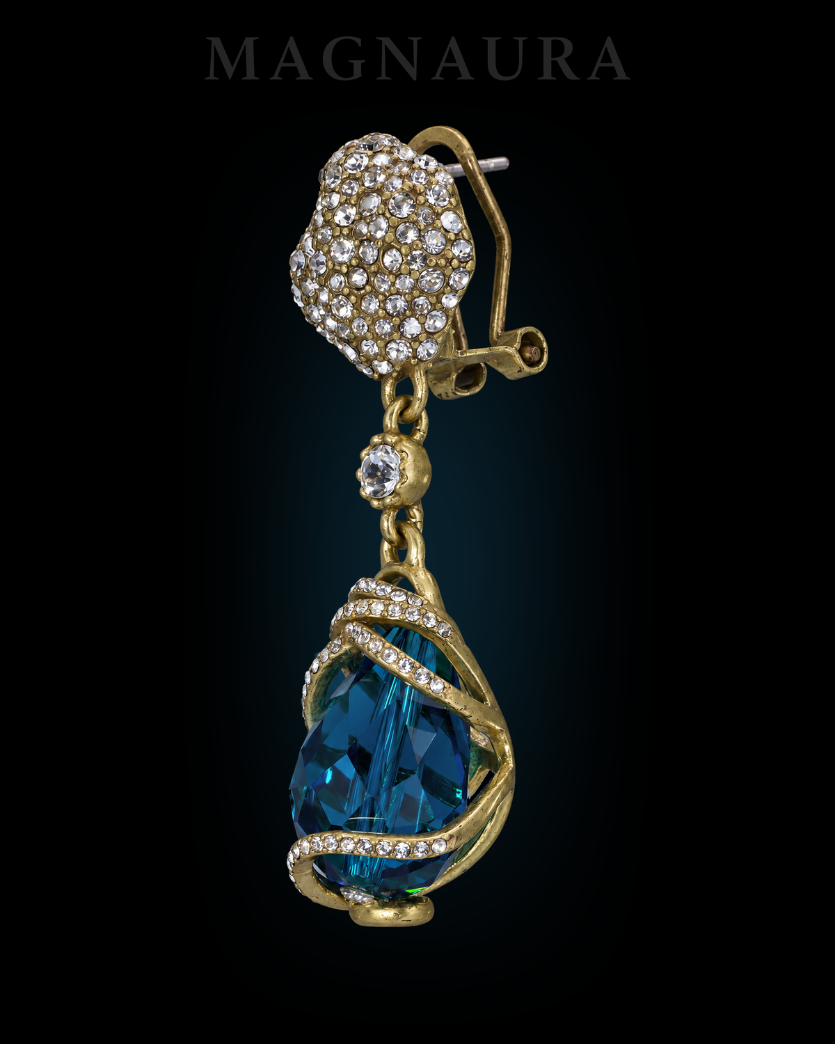 Single Lagoon Spiral Drop in side view, with peacock-blue crystal glass and a gold-tone spiral on a dark background.