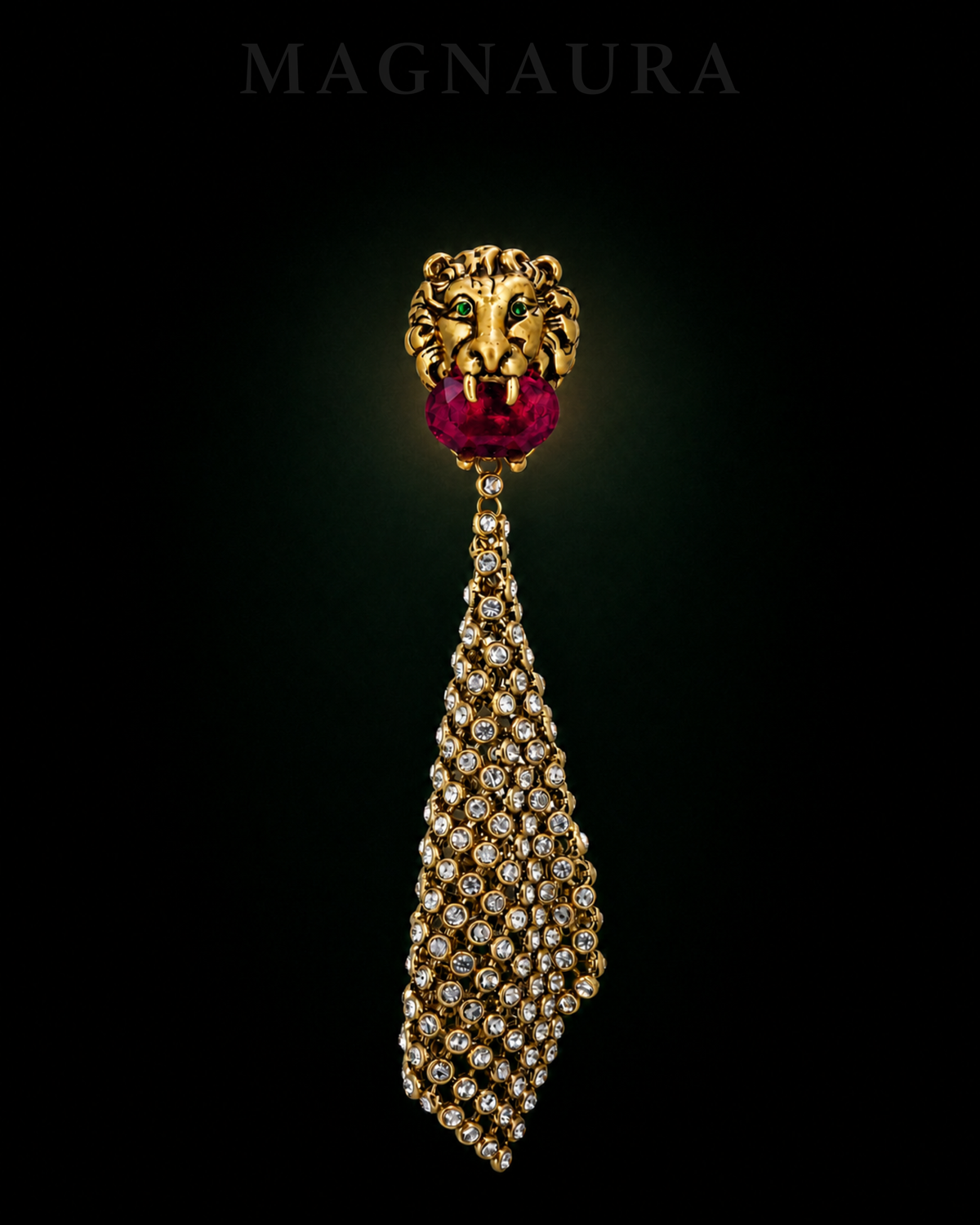 Single MAGNAURA Gilded Lion drop earring against a deep green-black chamber