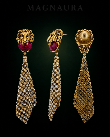 Front, profile and back views of MAGNAURA Gilded Lion drop earrings