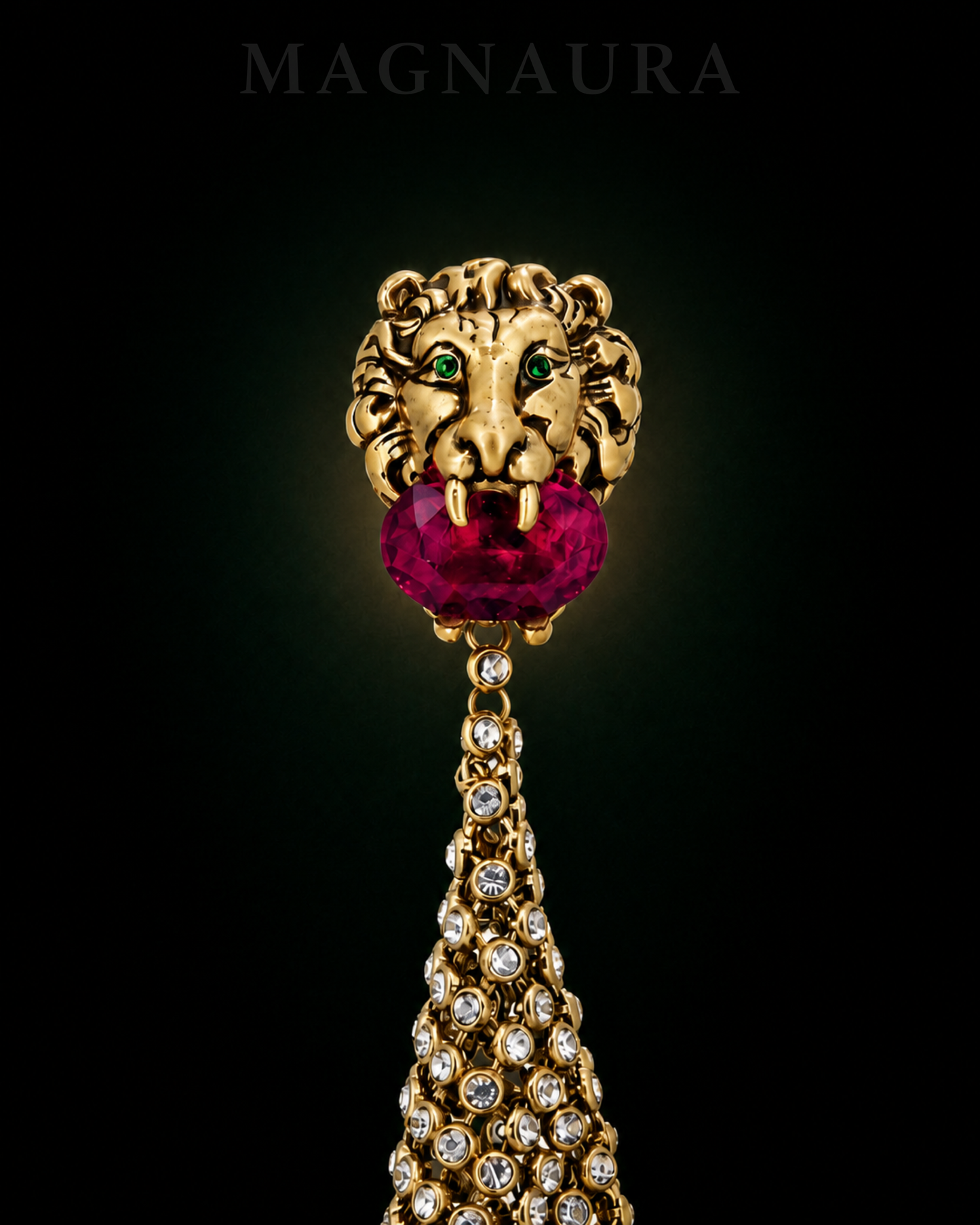 Close view of the lion motif with green, crimson and clear faceted details