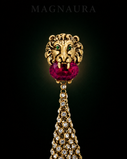 Close view of the lion motif with green, crimson and clear faceted details