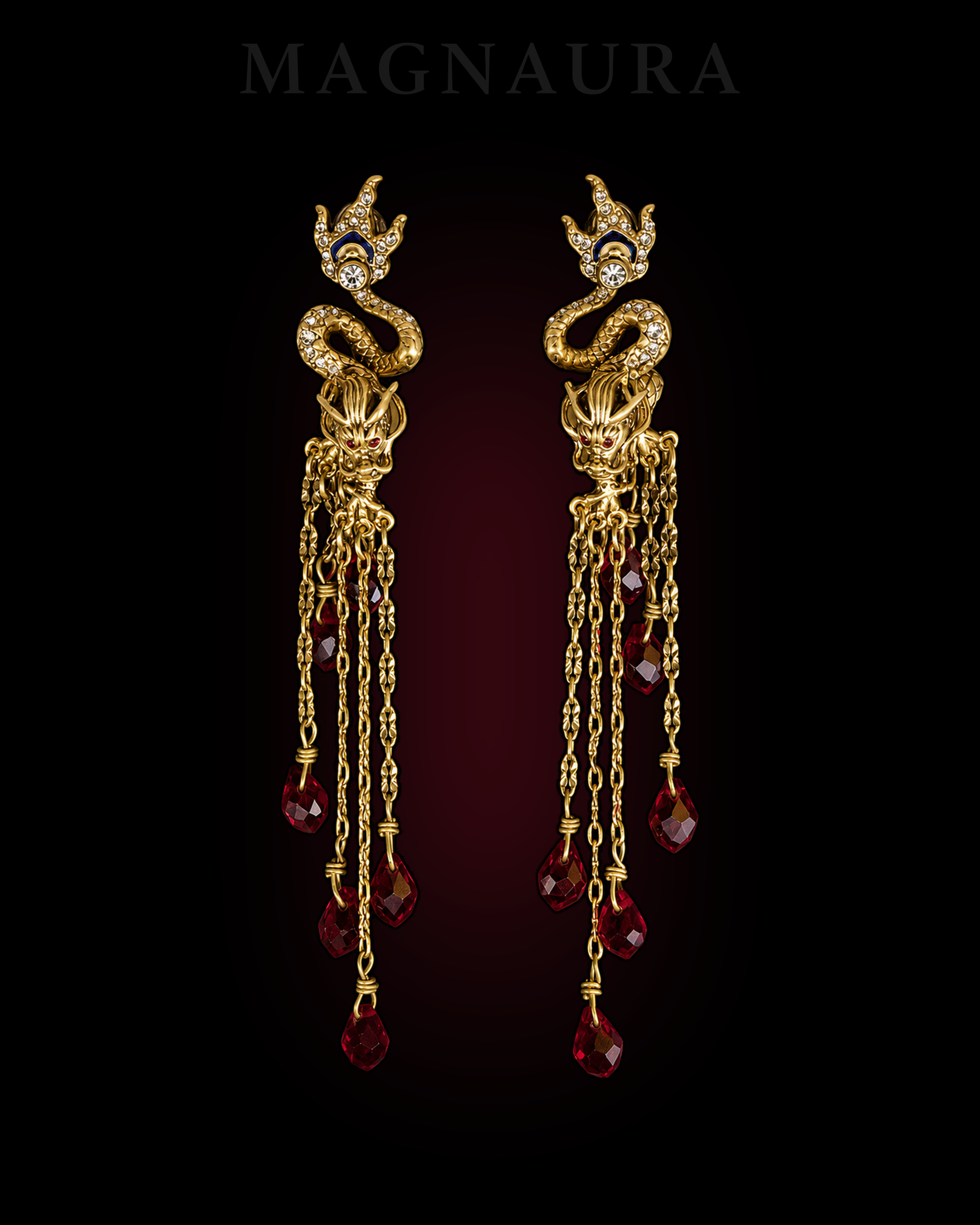 Pair of MAGNAURA Crowned Dragon drop earrings against a deep crimson chamber