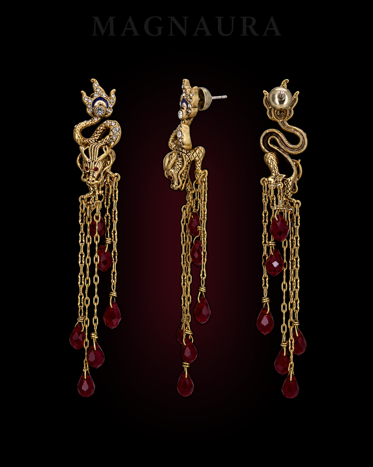Front, profile and back views of MAGNAURA Crowned Dragon drop earrings
