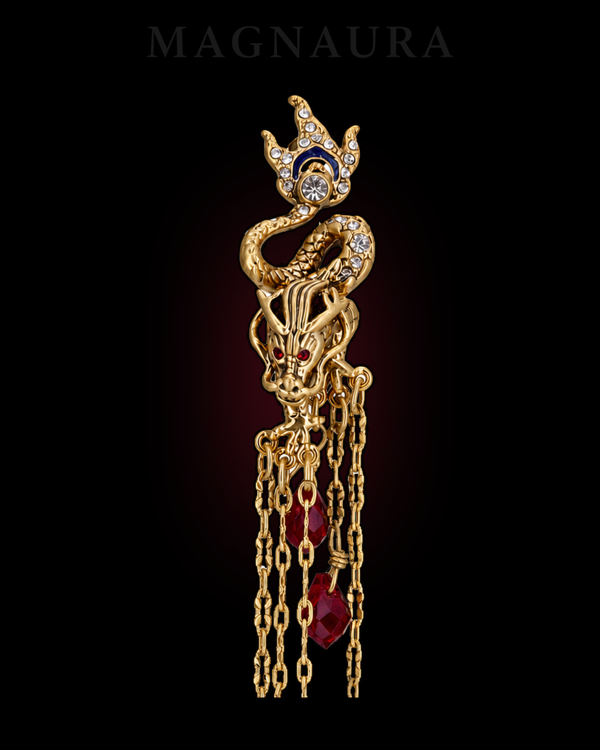 Close detail of a MAGNAURA Crowned Dragon earring with cobalt detail and crimson drops