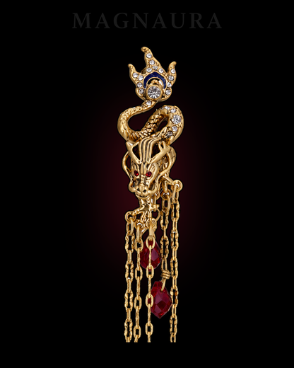 Close detail of a MAGNAURA Crowned Dragon earring with cobalt detail and crimson drops