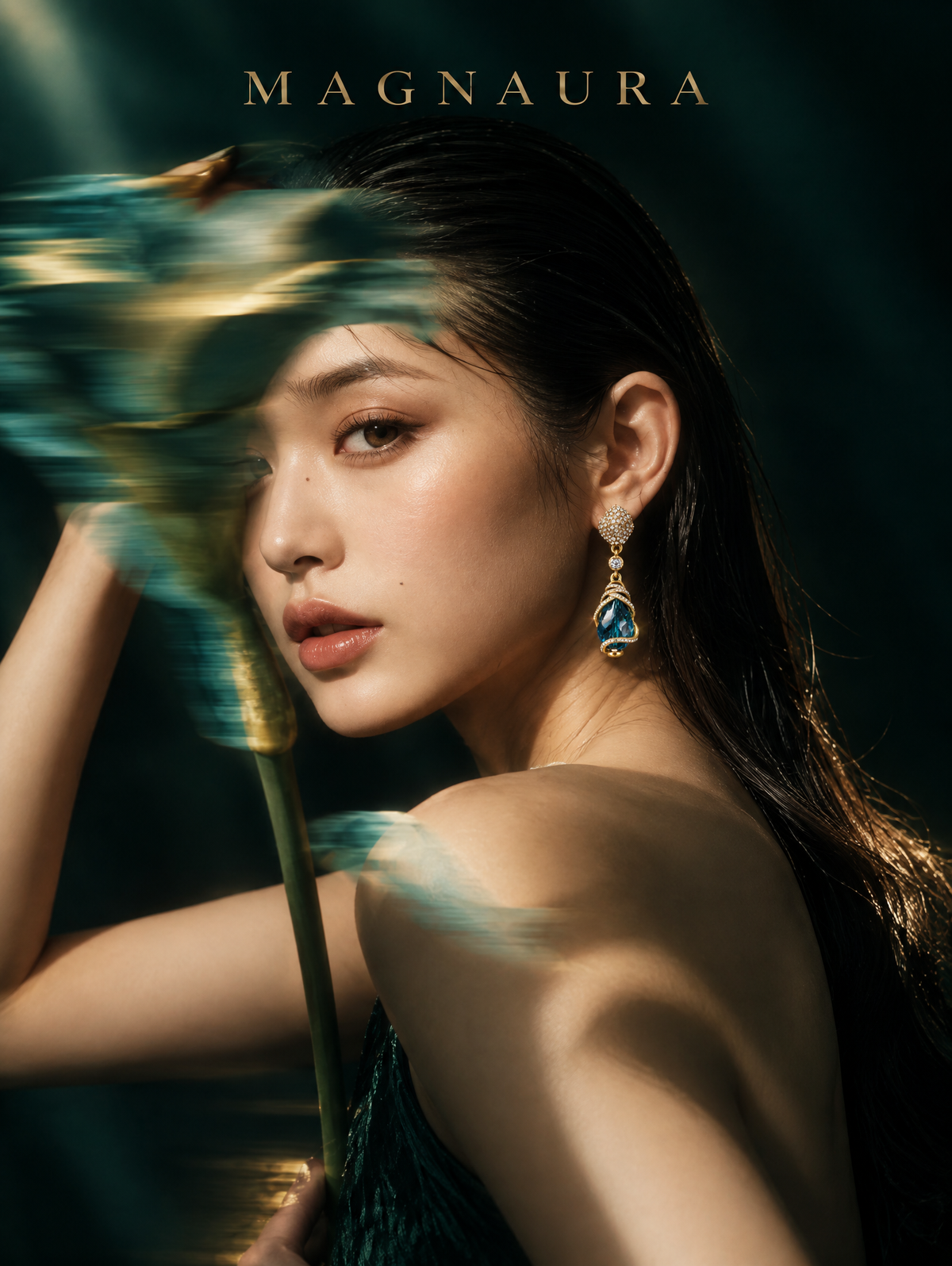 Returning Tide earrings in a green editorial portrait